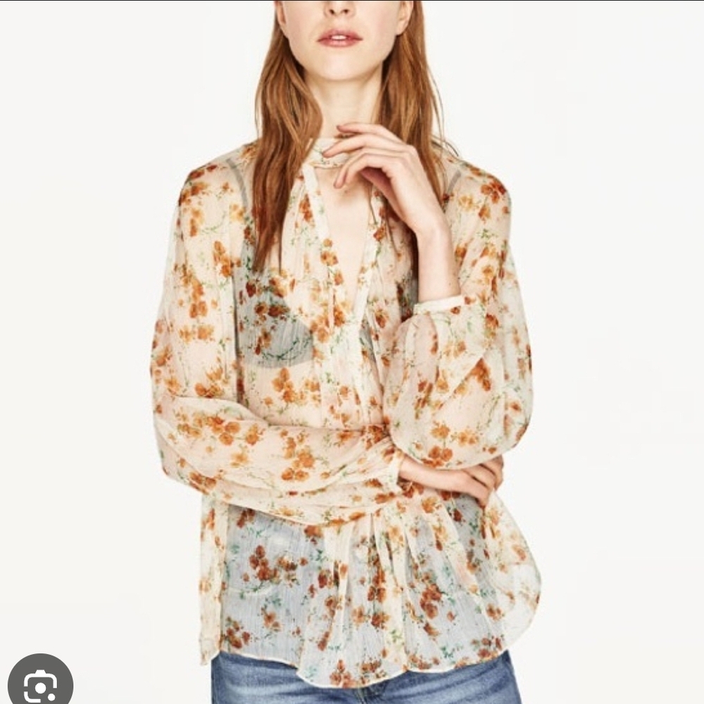 Zara Floral Sheer Blouse - Cream and Orange